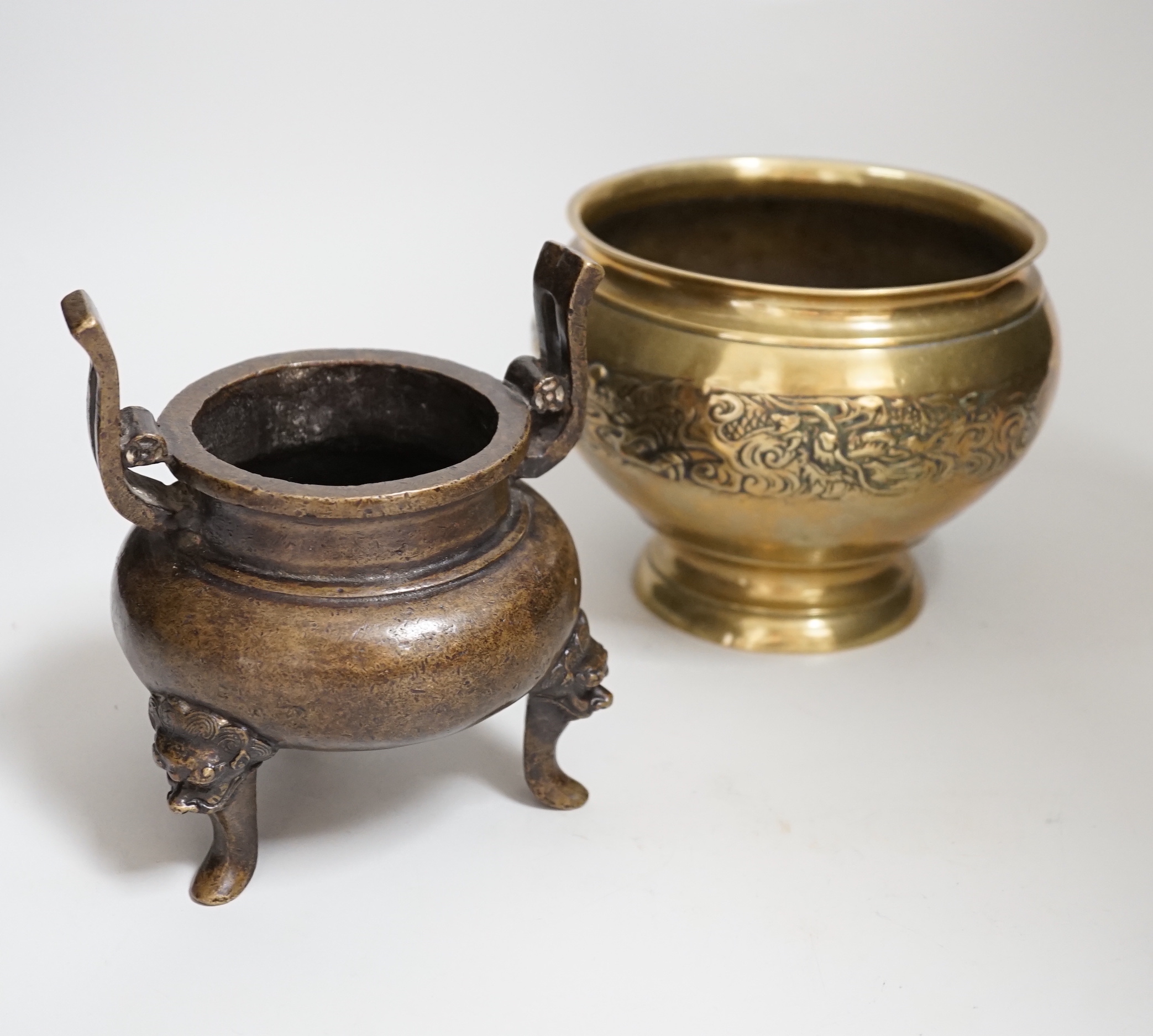 A Chinese bronze censer, 15cm high and a Chinese brass bowl, 13cms high